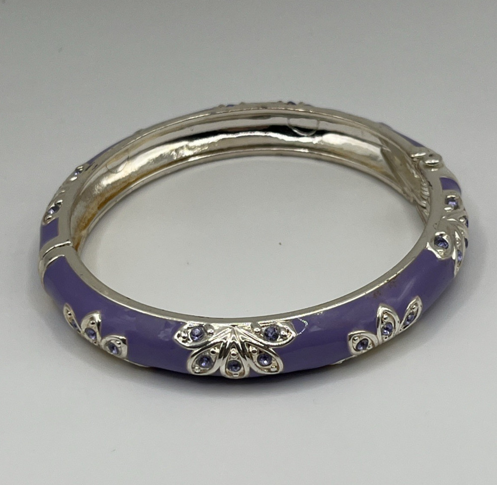 Enamel Floral Bracelet Spring Hinged Bracelet Lavender Silver Tone